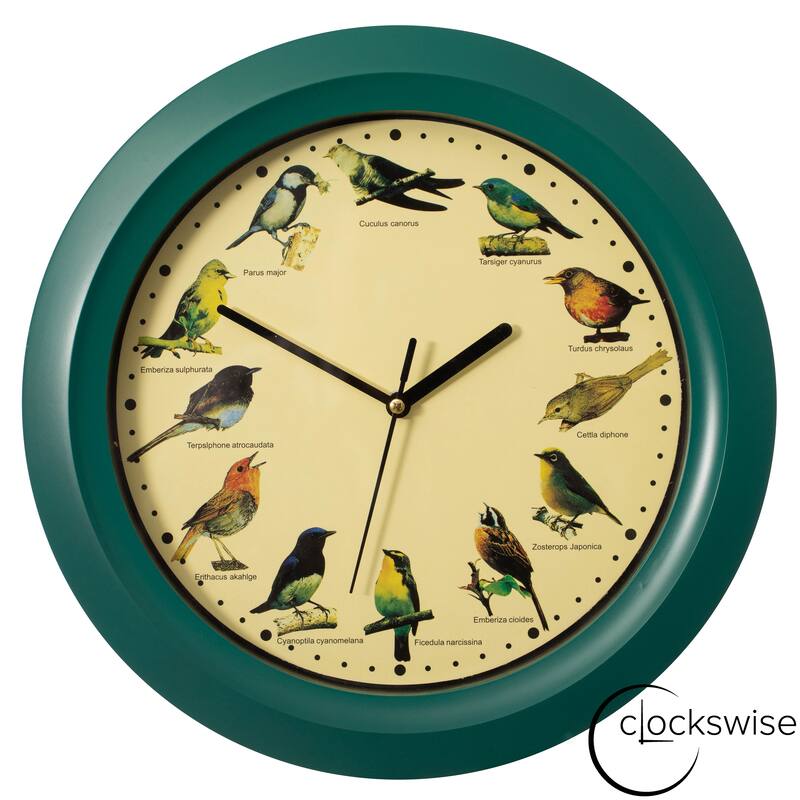 Clockswise 12" Round Decorative Singing Bird Wall Clock Battery-Operated with Wild Nature Sounds Hourly Chime - Green 12 Inch