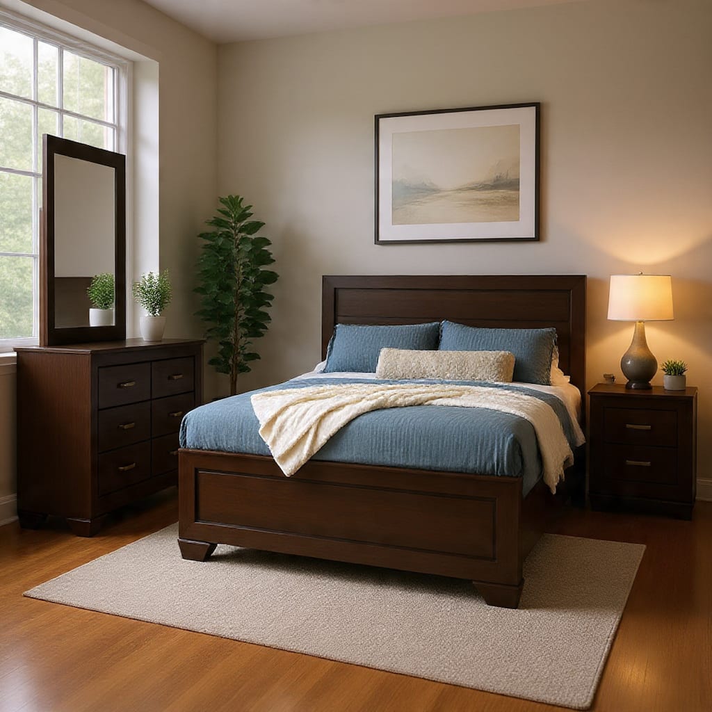 Benjara Bello 4pc Queen Size Bedroom Set, Recessed Grooves, Dark Cocoa Brown