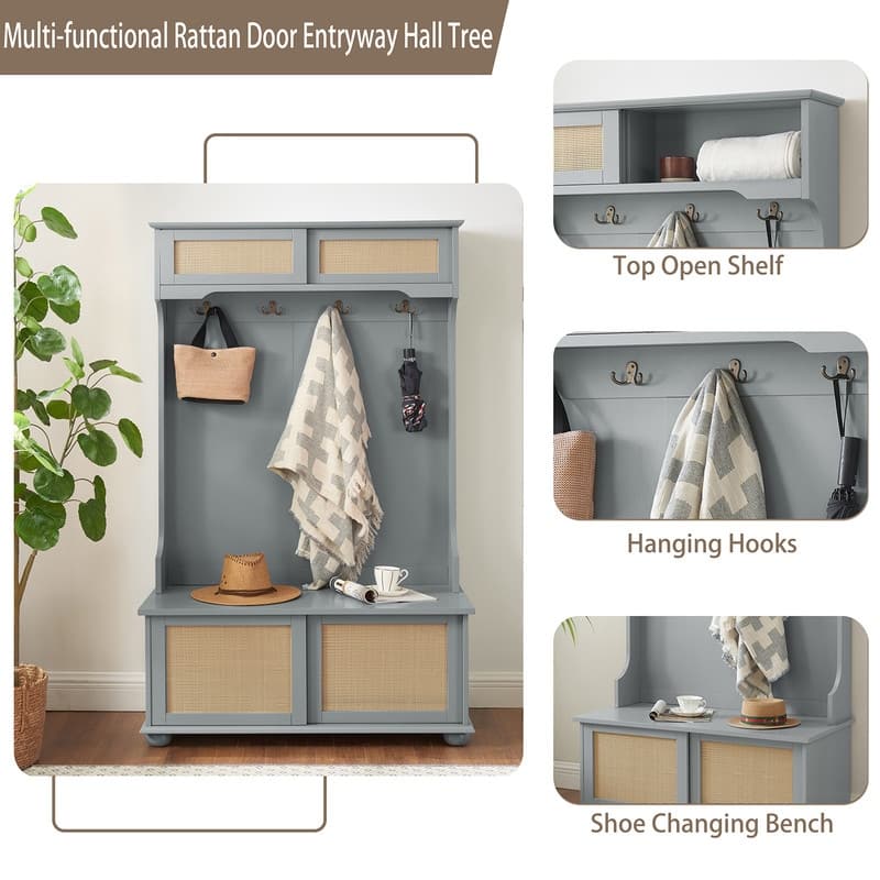 Grondin Mid-Century Modern Boho Style 4-in-1 Hall Tree with Sliding Rattan Doors, Entryway Bench with Coat Rack and Shoe Cabinet