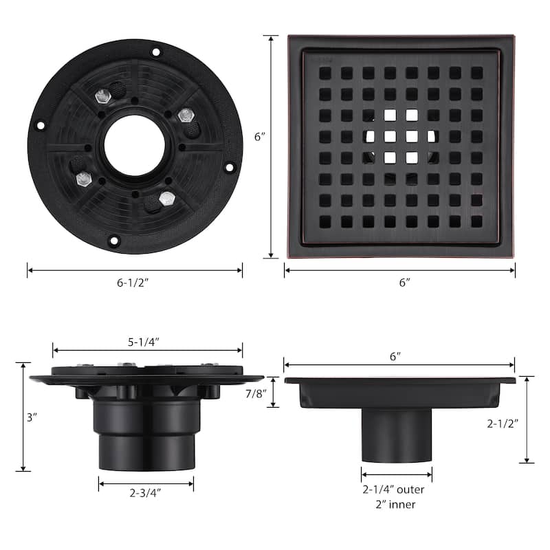 Luxier FD01 6 in. x 6 in. Stainless Steel Square Shower Floor Drain