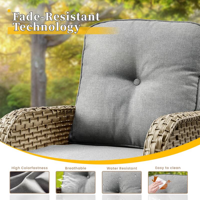 HOOOWOOO 9-piece Outdoor Wicker Patio Furniture Swivel Rocking Chair Set with Fire Pit