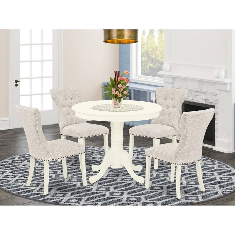 East West Furniture 5 Piece Dining Table Set- A Round Kitchen Table and 4 Linen Fabric Parson Chairs,(Finish Options) - ANGA5-LWH-35