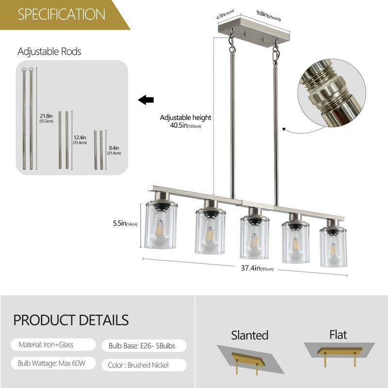 37" Brushed Nickel 5-Light Chandelier - Contemporary Kitchen Island Pendant Light with Clear Glass Shades - Chrome