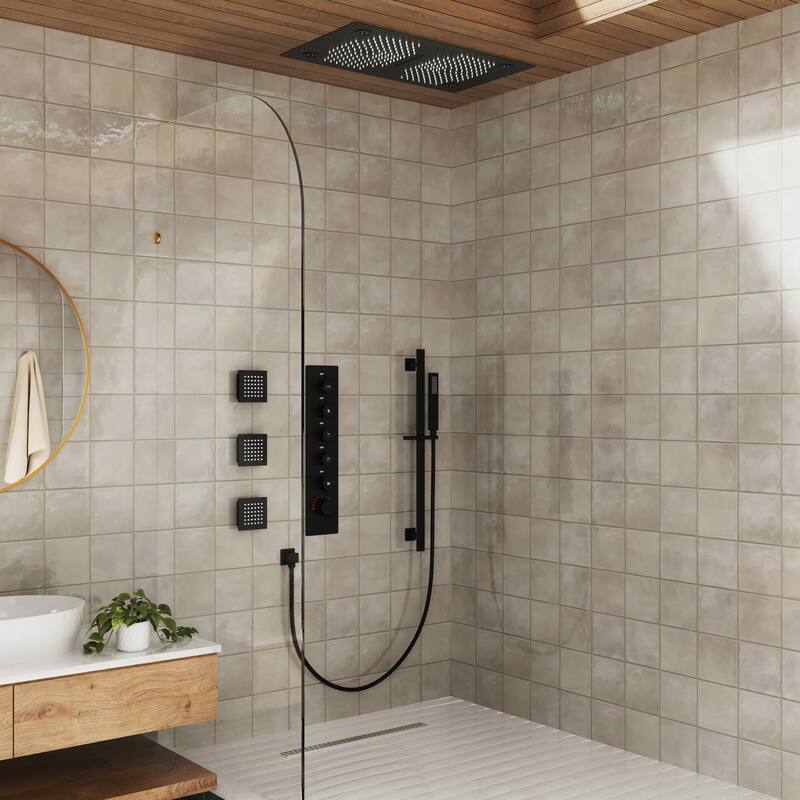 Luxury 5-Spray Patterns 28 in. Ceiling Mount Shower System with Handheld Shower Head, 3 Body Jets, LED, and Music - 16" x 28"