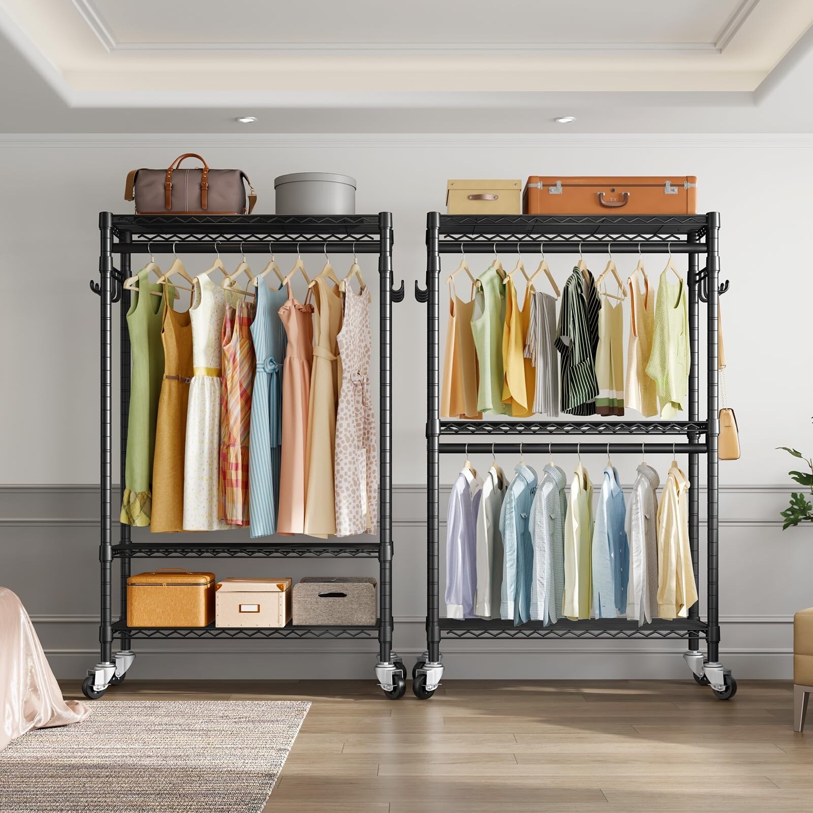 Medium Rolling Garment Rack 3 Tiers Adjustable Clothes Rack with Rods Hooks Freestanding Wardrobe Closet Clothing Storage Rack On Sale Bed Bath Beyond 38301096