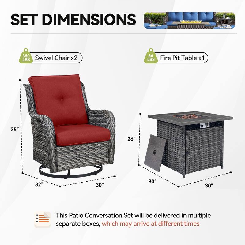 Gymojoy 3-Piece Outdoor Chair Set with Swivel Chairs & 55K BTU Fire Pit Table