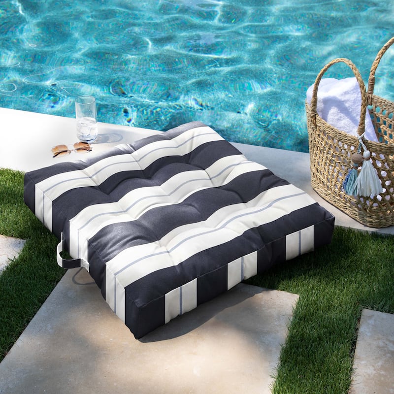 Sorra Home Sunbrella Striped Indoor/Outdoor Square Tufted Floor Pillow with Handle (Single Pillow) - 24 in x 24 in x 5 in - Relate Harbor