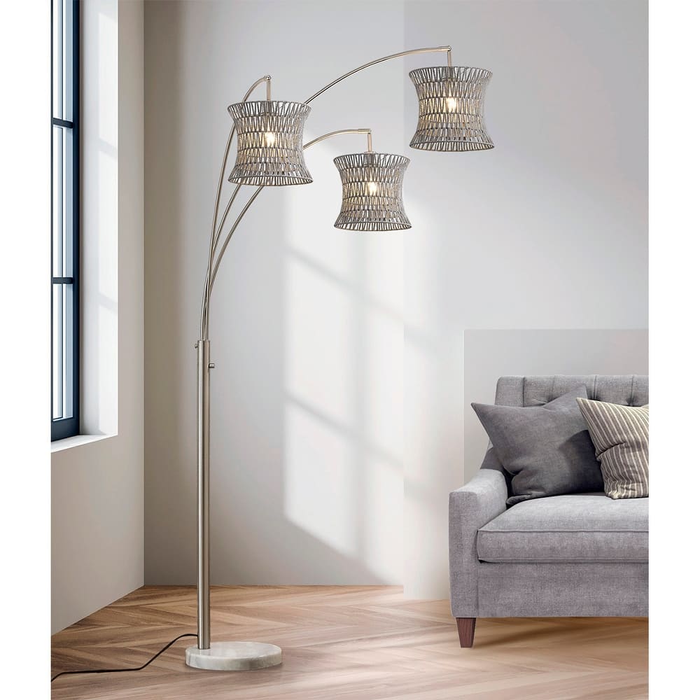 HOMEGLAM 83" 3-Light Bell Woven Rattan Arched Floor Lamp