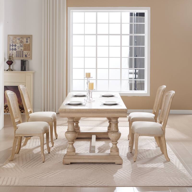 French Country Dining Chairs Set of 2, Upholstered Chairs with Nature Rattan Fan-shaped Back