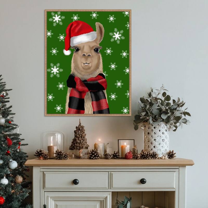 Llama Christmas Hat by Fab Funky (23 x 28 in.), Framed Canvas Wall Art Print - Sylvie Beaded Rustic Natural