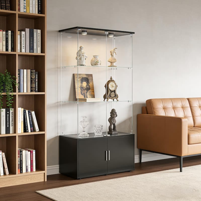 Double-door four-layer cabinet-style storage cabinet,display cabinet,wine cabinet,with remote-controlled lights,adjustable feet