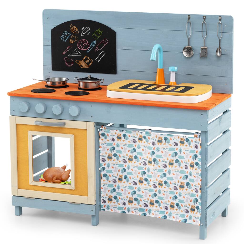 Wooden Toy Kitchen Playset with Removable Circulation Faucet and Cooking Accessories-Blue - Multi