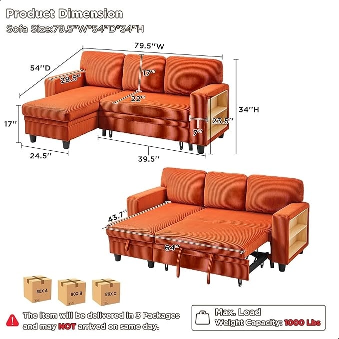 Modern Sleeper Sofa Bed, Couch Bed with Bookshelves & Charging Port