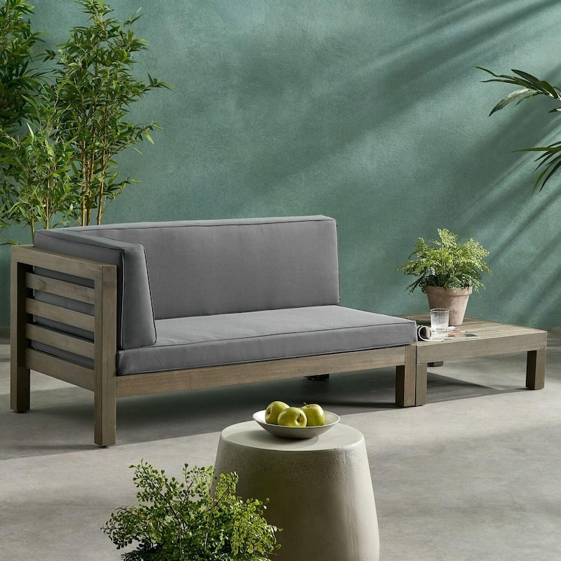Roomfitters Left Corner Bench with Coffee Table, Outdoor Wooden Patio Sofa with Cushions for Garden or Porch - Dark Grey