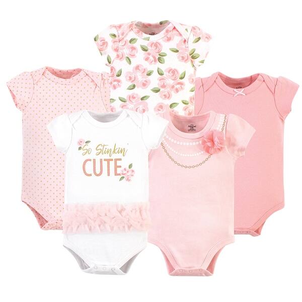 slide 1 of 1, Little Treasure Baby Girl Cotton Bodysuits 5pk, Stinkin Cute 0-3 Months - Stinkin Cute