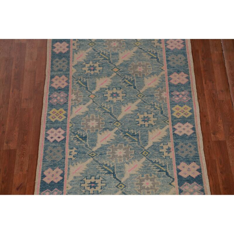 Hand Knotted Oriental 100% Wool Carpet Transitional Floral Navy Blue & Blues Oushak Runner Rug - 16' 7'' X 3' 6''
