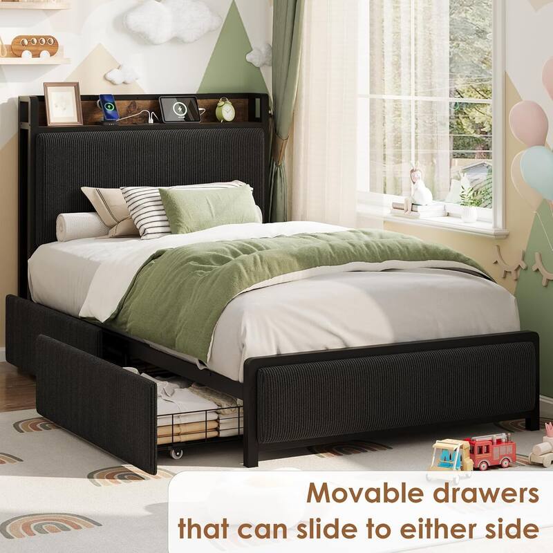 Twin Size Platform Bed Frame with 2 Storage Drawers and Charging Station