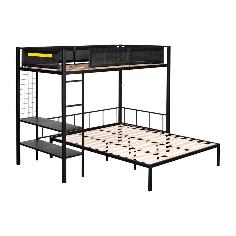 Twin Over Full Metal Bunk Bed with Built-in Shelves, Noise-Free Slats & Guardrails