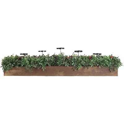 Fraser Hill Farm 42-inch 5-Candle Holder Centerpiece with Boxwood Greenery and Red Berries in Wooden Box - Multi