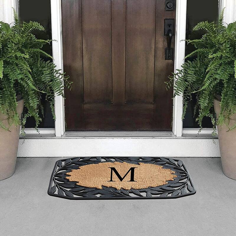 A1HC Rubber and Coir Stylish Leaf Border Large Outdoor Durable Monogrammed Doormat, Black - 23" X 38"