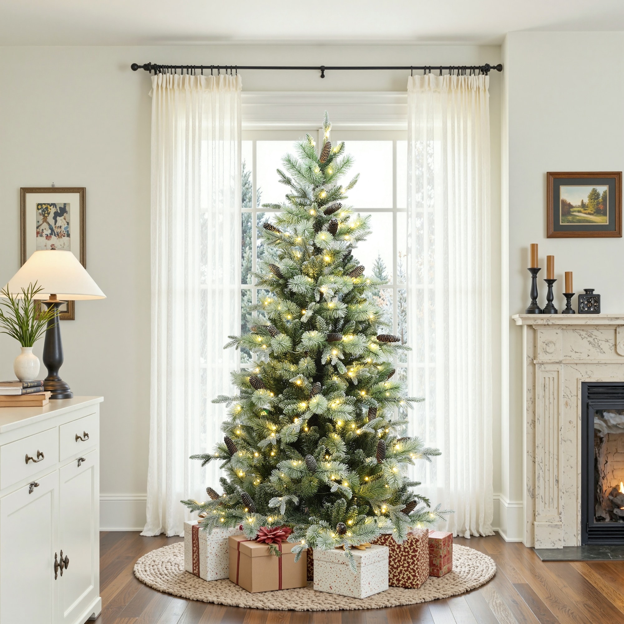 Pre-Lit Pine Branches with Frosted Tips Artificial Christmas Tree