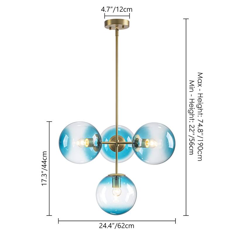 4-Light Modern Tiered Linear Sputnik Pendant Light in Brushed Gold/Black with Gradient Blue Glass Globes