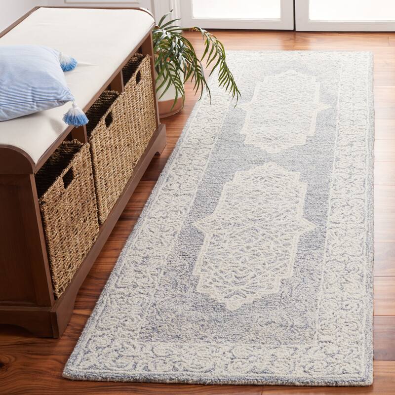 SAFAVIEH Handmade Abstract Seung Wool Rug - 2'3" x 8' Runner - Ivory/Blue