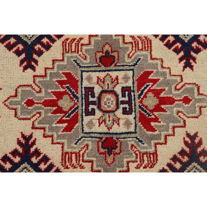 Geometric Ivory Kazak Oriental Accent Rug Handmade Wool Carpet - 3'5" x 4'11"