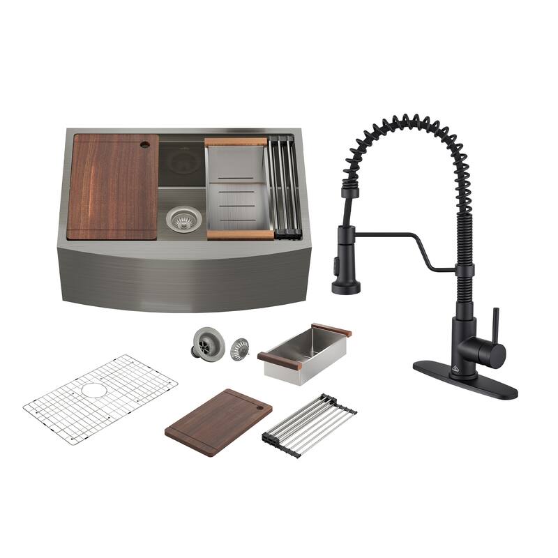 Farmhouse/Apron-Front Single Bowl 16 Gauge Stainless Steel Workstation Kitchen Sink with Pull Down Kitchen Faucet & Accessories - Sink + Matte Black Pull Down Kitchen Faucet