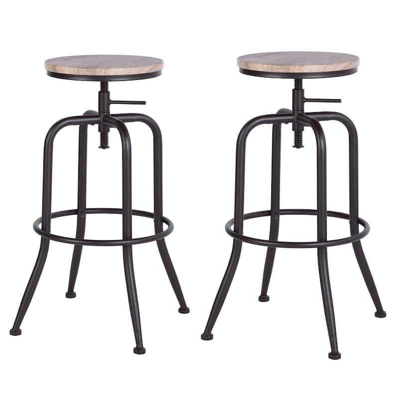 HomeRoots Set of Two Natural And Black Solid Wood And Steel Swivel Backless Counter Height Bar Chairs