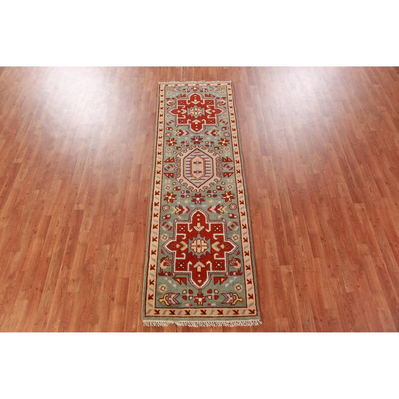 Hand Knotted Oriental 100% Wool Carpet Transitional Geometric Green Khotan Runner Rug - 7' 10'' X 2' 6''