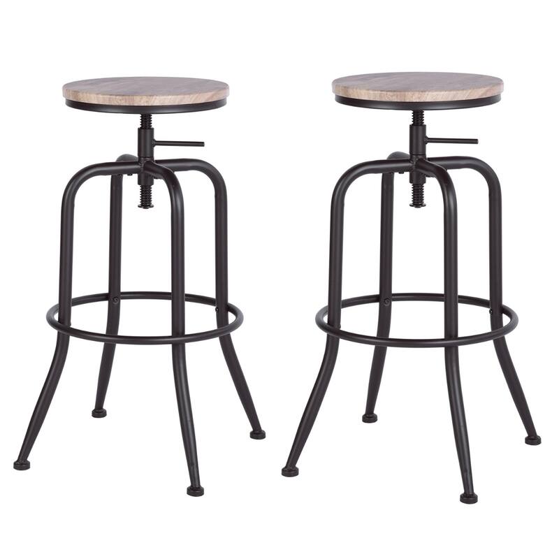 Set of 2 Adjustable Height Swivel Bar Stools with Footrest and Backless Round Wood Seat for Kitchen Island