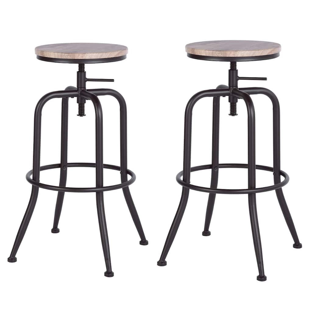 Set of 2 Adjustable Height Swivel Bar Stools with Footrest and Backless Round Wood Seat for Kitchen Island