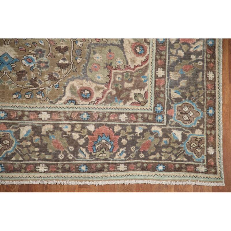 Hand Knotted Oriental 100% Wool Carpet Traditional Floral Green Tabriz Area Rug - 9' 5'' X 6' 4''