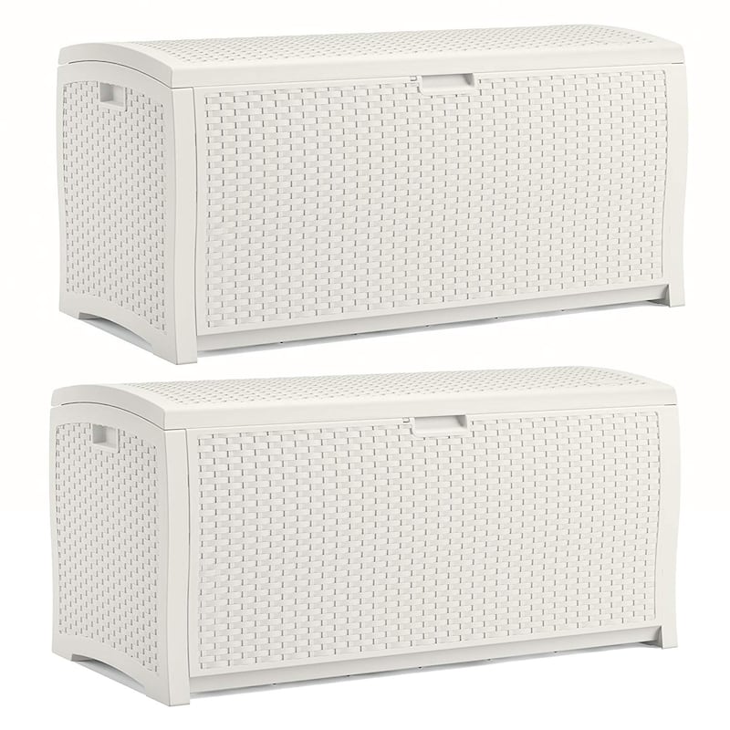 Suncast 99 Gallon Deck Garden Garage Home Wicker Resin Pool Box, White (2 Pack) - 38