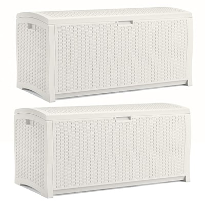 Suncast 99 Gallon Deck Garden Garage Home Wicker Resin Pool Box, White (2 Pack) - 38