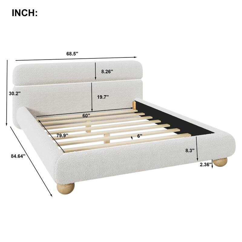 Queen Size White Upholstered Bed Curve-Shaped Frame Teddy Fleece Boucle Fabric Low Profile Platform Bed for Bedroom