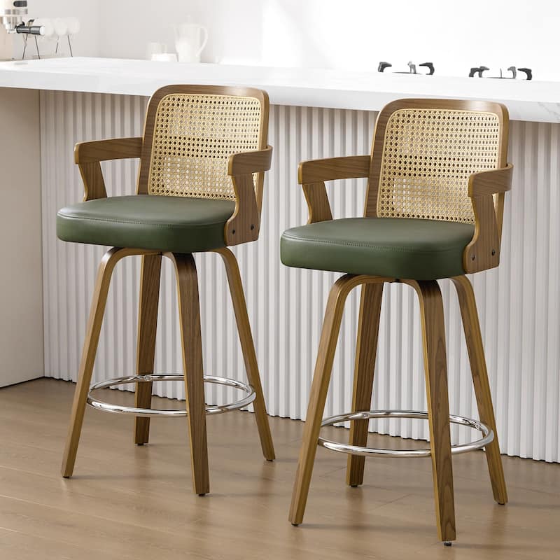 Upholstered Swivel Barstool with Arms and Bentwood Legs - 40.8"H x 18.9"W x 19.5"D/19.3"D