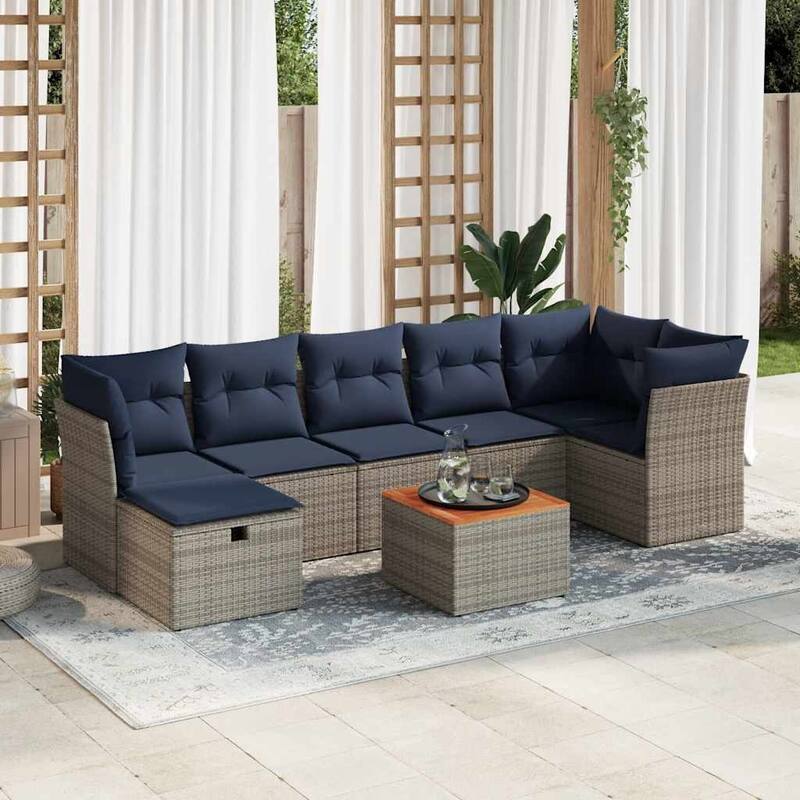 vidaXL Patio Sofa Set with Cushions Outdoor Furniture 8 Piece Poly Rattan - 24.4" x 24.4" x 27.2" - Gray and navy blue 3corner+3middle+footrest+table