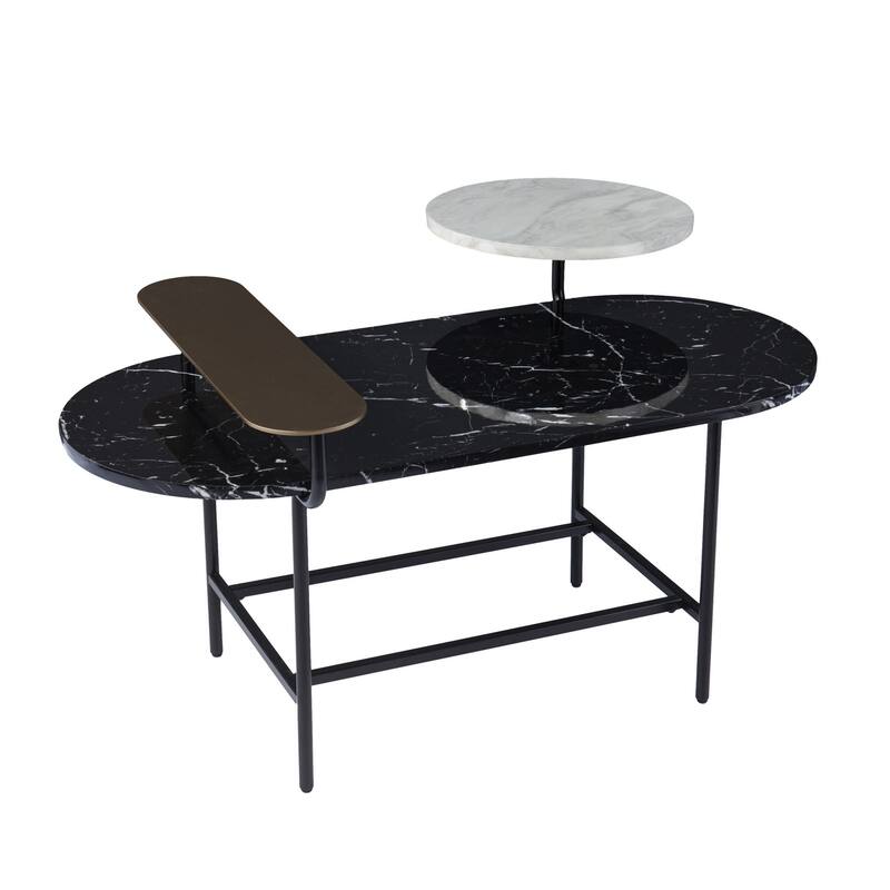 42" Freeform Faux Marble Coffee Table with Metal Legs and Storage Glossy Black Contemporary Style - 42”L x 30”W x 23”H