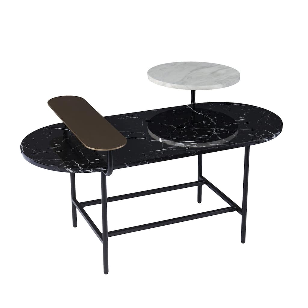 42" Freeform Faux Marble Coffee Table with Metal Legs and Storage Glossy Black Contemporary Style - 42”L x 30”W x 23”H
