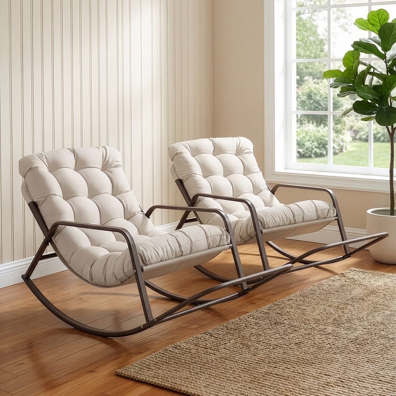 Oversized Papasan Rocking Lounge Chair with Footrest, Heavy-Duty 450lbs Metal Frame, Indoor Outdoor Patio Rocker with Cushion - 2 Chairs - Beige