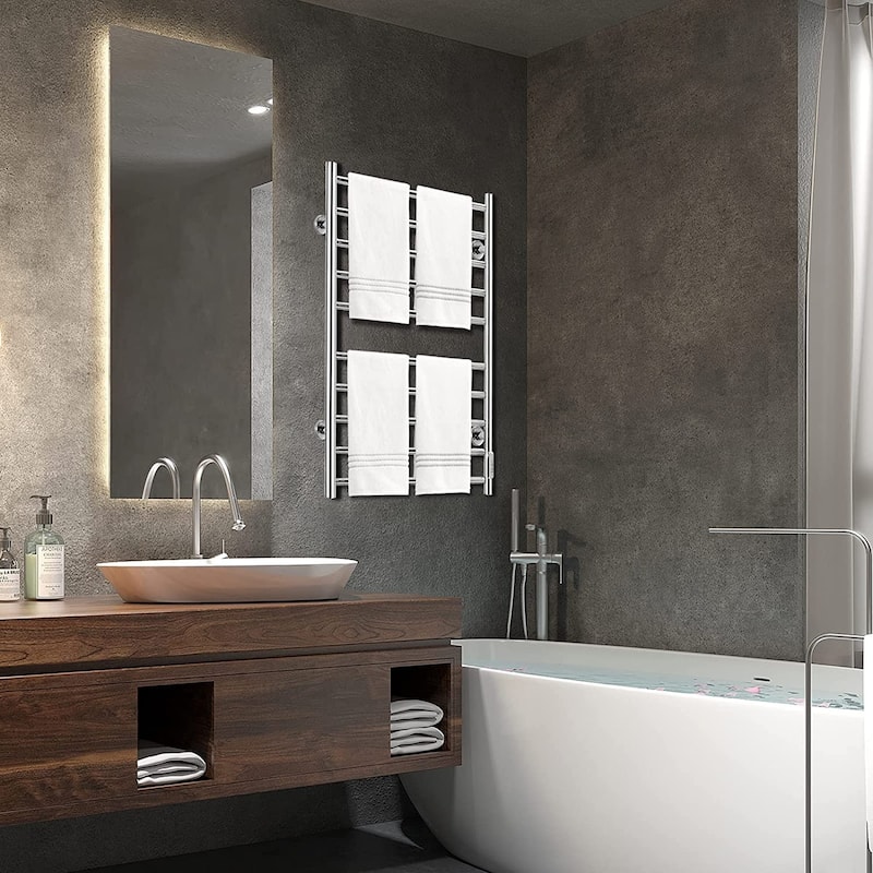 10 Bars Towel Holders Wall Mounted Plug-In/Hardwired Towel Warmer Heated Towel Racks Stainless Steel in Matte Silver
