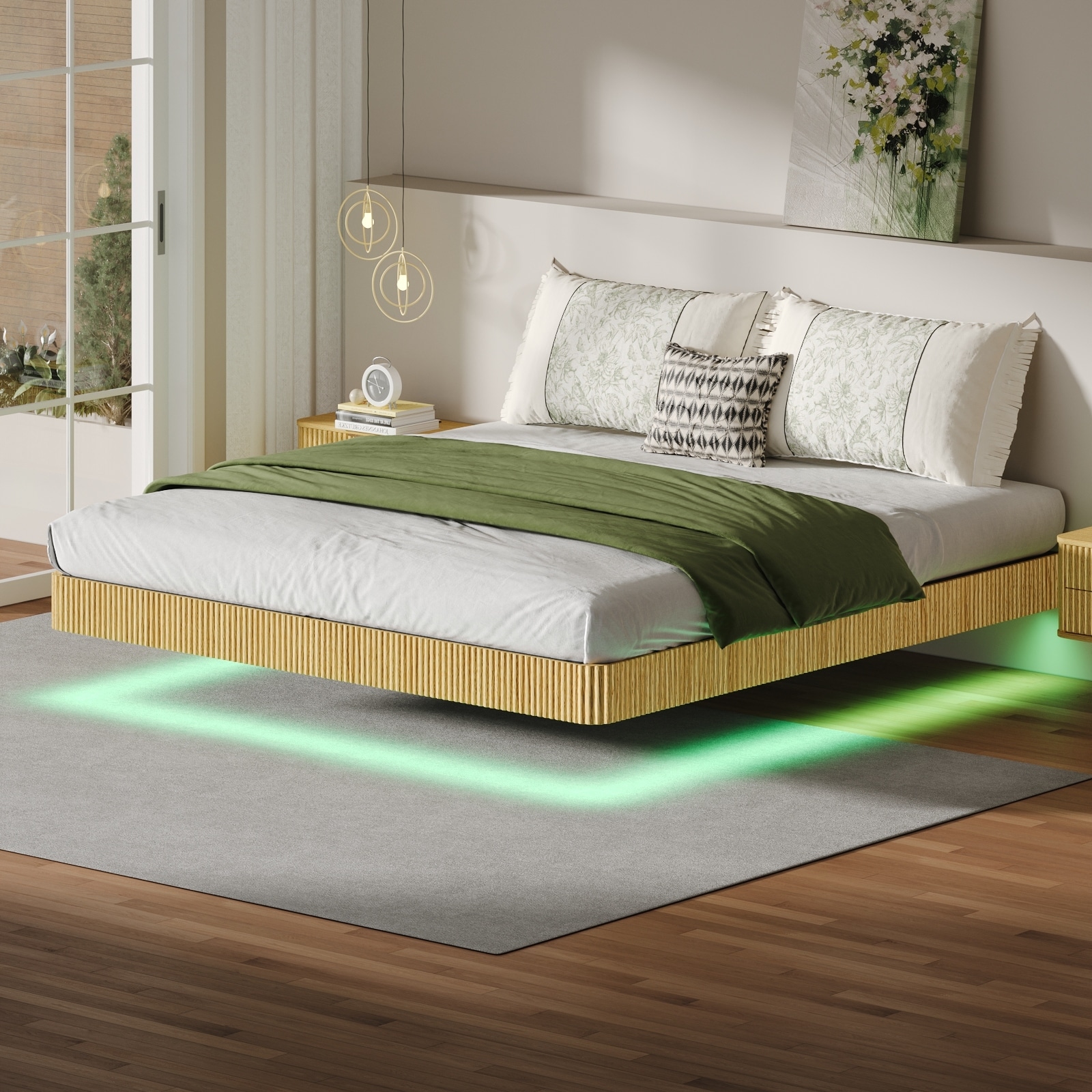 King Floating Bed Frame with LED Lights, Wave Curve Wood Texture Bed with Heavy Duty Metal Slats - No Box Spring Needed
