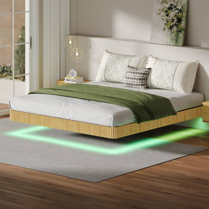 Smart LED Floating Bed without Headboard, Wave Curve Wood Texture Bed Frame, Heavy Duty Metal Slat Support