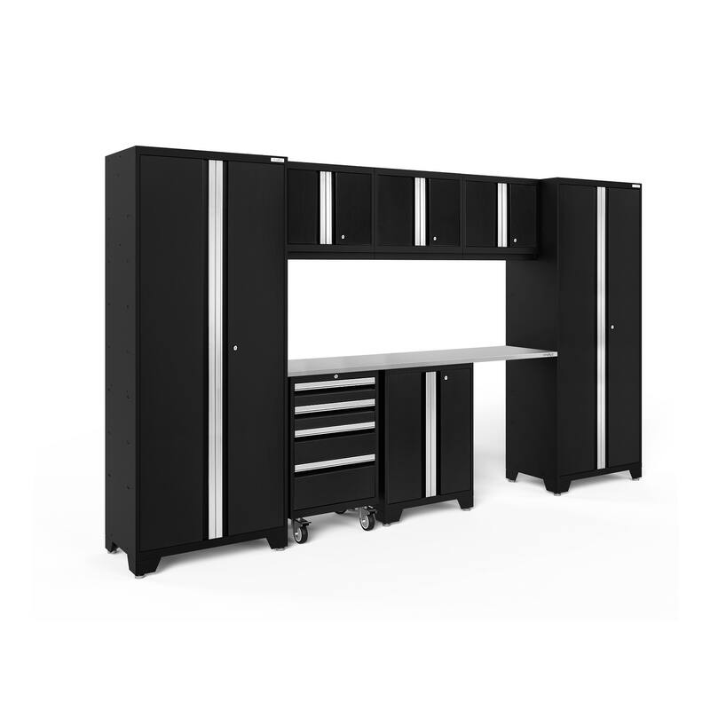 NewAge Products Bold Series 8-pc. Steel Garage Cabinet Set - Stainless Steel Top / No Slatwall - Black