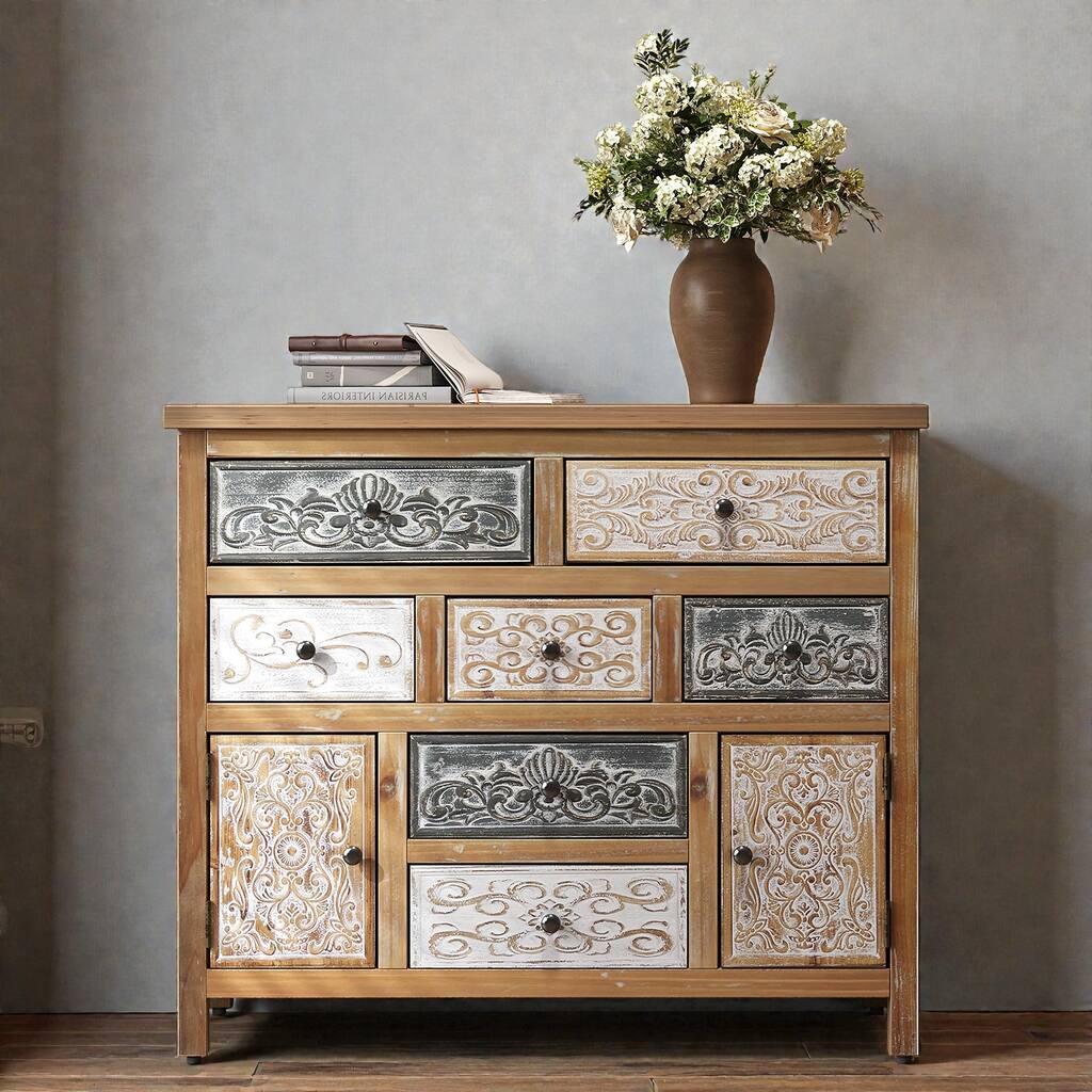 Vintage Wooden Accent Chest with 7 Drawers and 2 Cabinets, Rustic Multicolor Carved Storage Dresser for Living Room