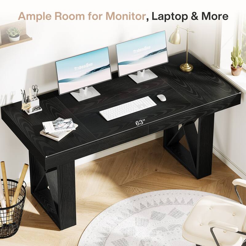 63-Inch Long Computer Desk, Simple Wood Thick Appearance Design