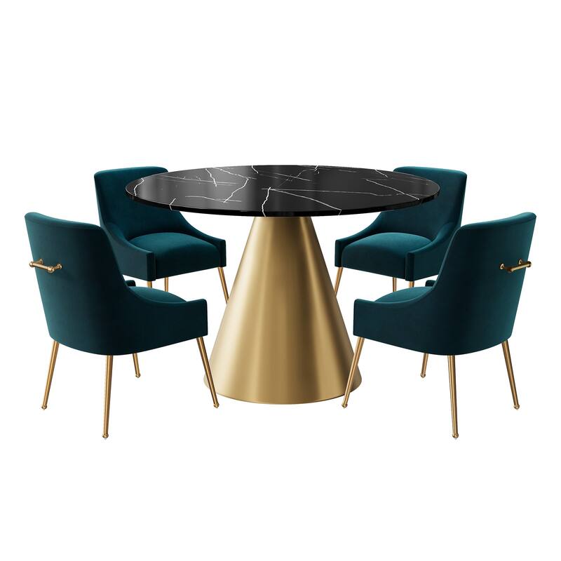 48" Marble Top Metal Dining Table with Velvet Dining Chair Set