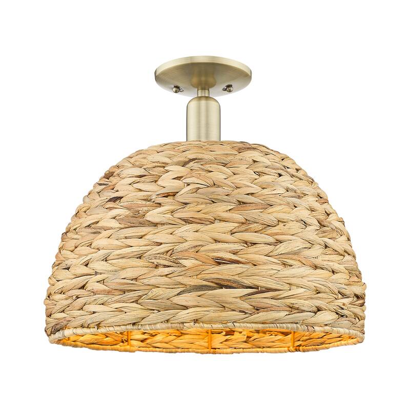 Innovations Lighting Endless Possibilities Arcadia - Woven Rattan - 1 Light 16" Semi-Flush Mount - Antique Brass